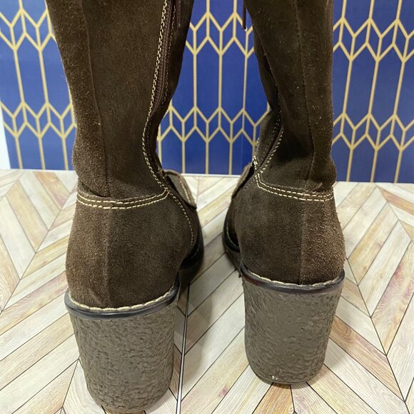 STL Brown Mid-Calf Suede Wedge Heel Boots With Stitch Detail & Side Zipper Size - Picture 2 of 9
